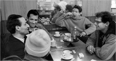 Clockwise from bottom left: Gregory Corso (in cap), the painter Larry Rivers, Jack Kerouac, David Amram (musician), and Allen Ginsberg.