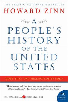 Cover image of Howard Zinn's 'A People's History of the United States'. White background with blue font. 